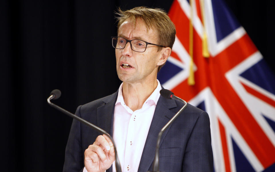 New Zealand Director-General of Health Dr. Ashley Bloomfield talks to media in Wellington, New Zealand, Saturday, March 21, 2020. For the first time in New Zealand, health authorities said there might be a local outbreak. (AP Photo/Nick Perry)