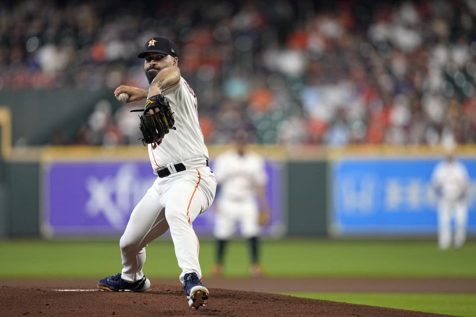 Houston Astros starting pitcher Jose Urquidy throws against the Boston Red Sox during the first inning of a baseball game Wednesday, Aug. 3, 2022, in Houston. (AP Photo/David J. Phillip)