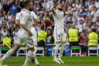 Real Madrid's Karim Benzema celebrates after scoring during the Spanish La Liga soccer match against Athletic Bilbao at the Santiago Bernabeu stadium in Madrid, Sunday, June 4, 2023. (AP Photo/Bernat Armangue)