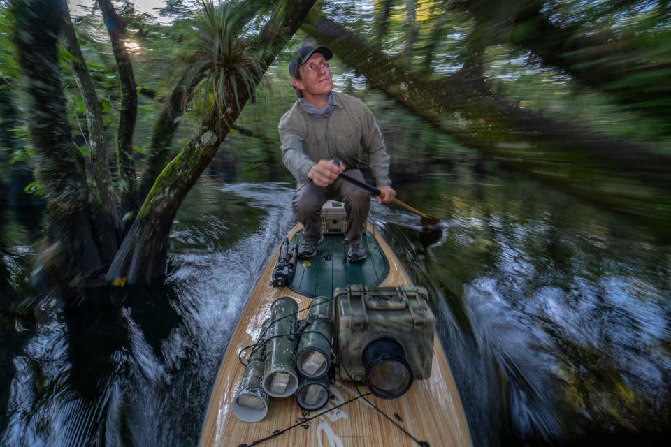 National Geographic Explorer and photographer Carlton Ward Jr. paddles through a swamp in South Florida while setting up cameras during work on the documentary "Path of the Panther." The film screens Saturday through Monday at the Polk Theatre in Lakeland.
