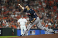 Atlanta Braves' Charlie Morton throws during the first inning of Game 1 in baseball's World Series between the Houston Astros and the Atlanta Braves Tuesday, Oct. 26, 2021, in Houston. (AP Photo/David J. Phillip)