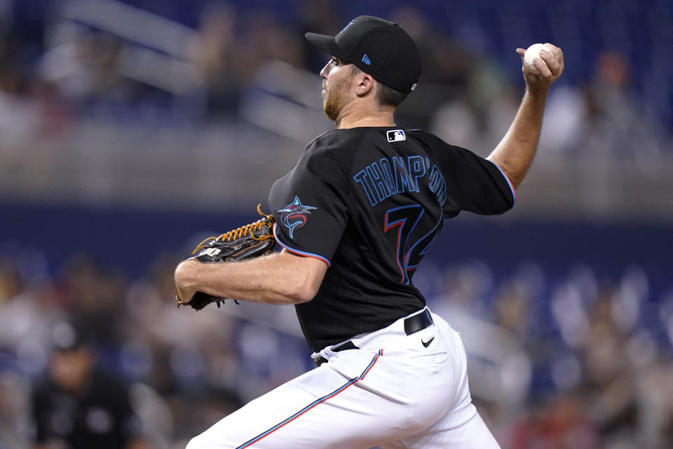 Miami Marlins starting pitcher Zach Thompson throws during the first inning of the team's baseball game against the San Diego Padres, Friday, July 23, 2021, in Miami. (AP Photo/Lynne Sladky)