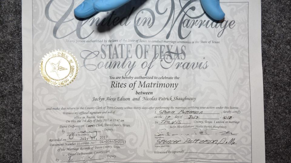 Nick Shaughnessy and Jackie Edison's marriage certificate. / Credit: Travis County DA's Office