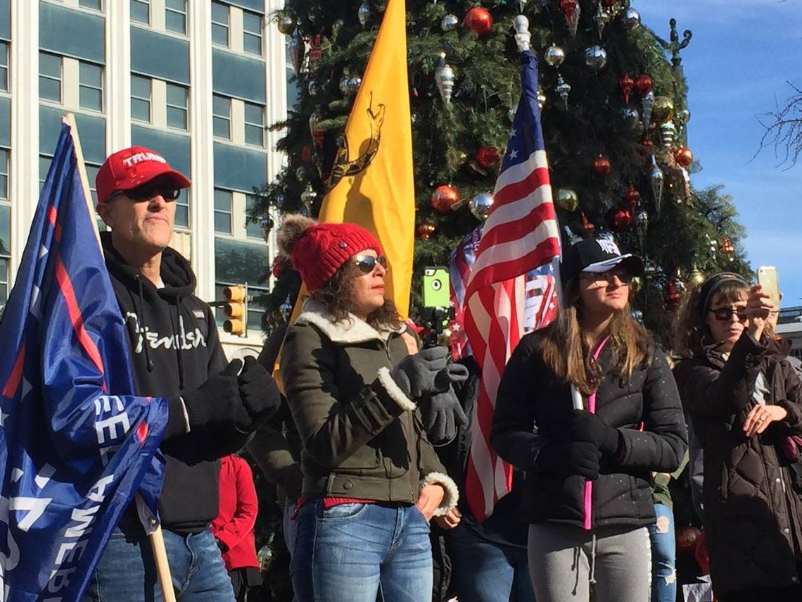 A “Stop the Steal” rally at the South Carolina State House on Wednesday, January 6, 2021. Protestors gathered as federal lawmakers meet for a joint session to certify the Electoral College vote, which some protestors do not want to happen.