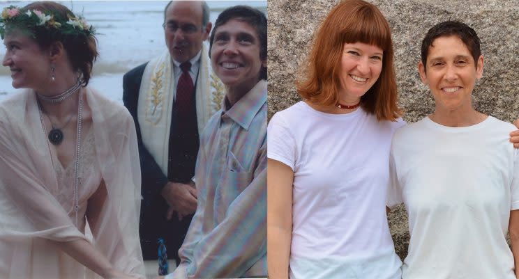 At our wedding in 2005, left, and just before renewing our vows at Bride Pride, on July 22, 2017 (I’m on the left in both photos). (Photo on right: Dan McKeon)