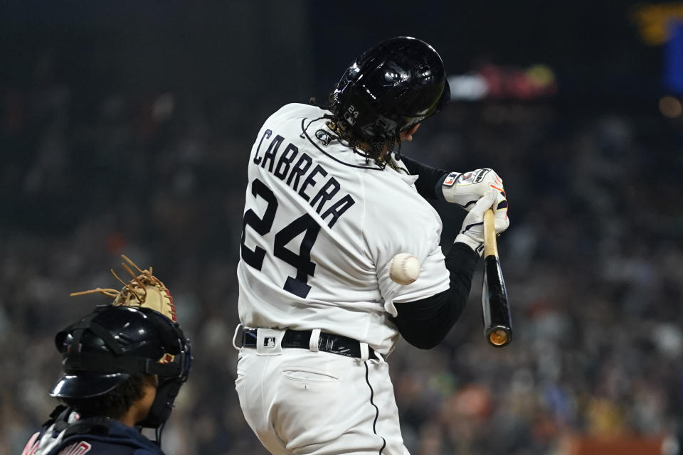 Detroit Tigers' Miguel Cabrera (24) is hit by a Cleveland Guardians pitcher Cal Quantrill pitch in the third inning of a baseball game, Friday, Sept. 29, 2023, in Detroit. (AP Photo/Paul Sancya)