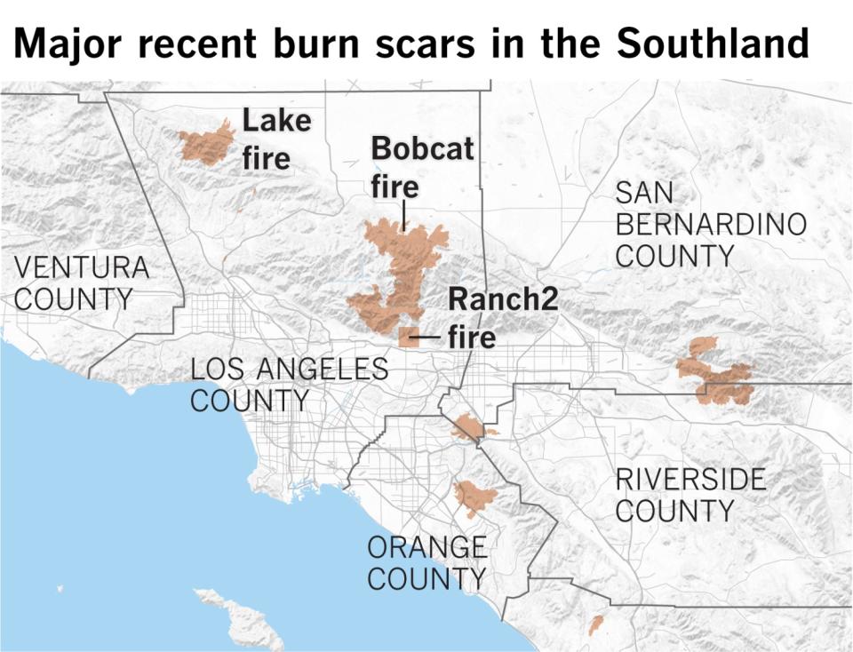 Forecasters expressed special concern about debris flows in the scars left by the Bobcat, Lake and Ranch2 fires.