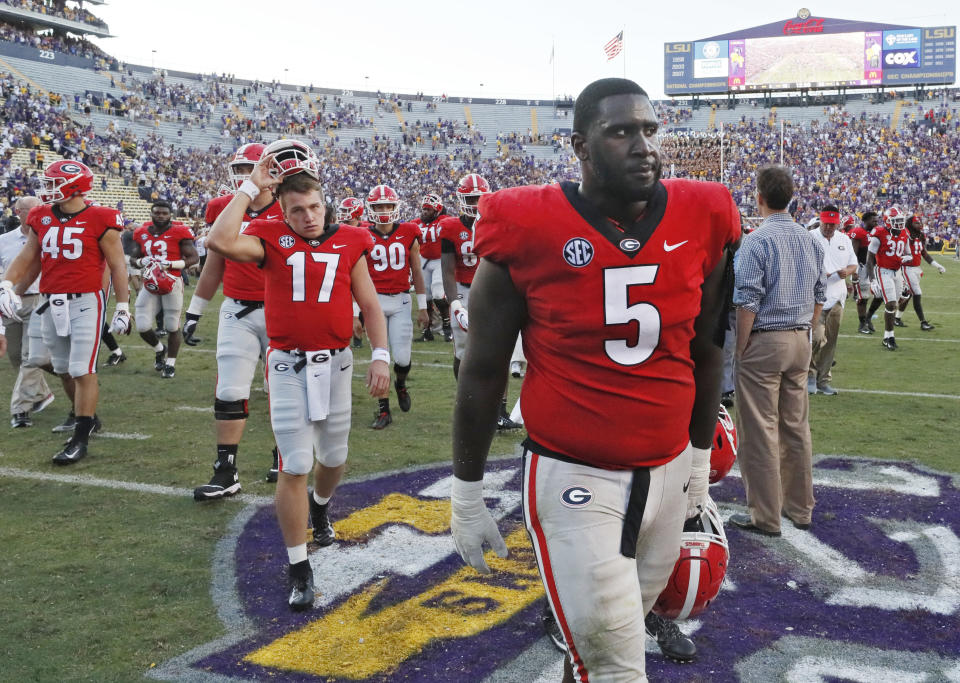 Georgia defensive lineman Julian Rochester (5) walks off the field with his teammates after a 36-16 loss to LSU during an NCAA college football game Saturday, Oct. 13, 2018, in Baton Rouge, La. (Bob Andres/Atlanta Journal Constitution via AP)