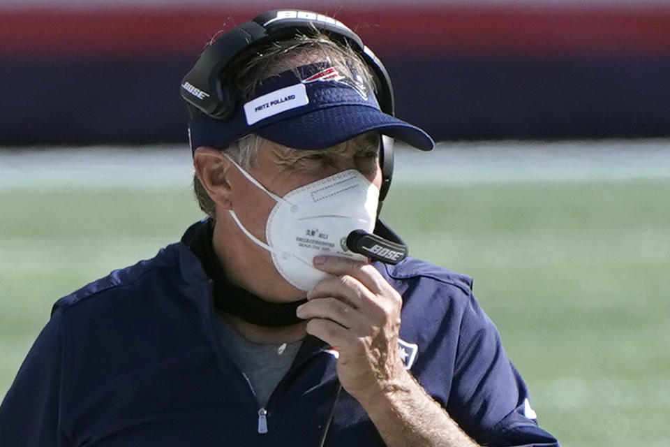 New England Patriots head coach Bill Belichick wears a patch honoring Frederick Douglass "Fritz" Pollard on his visor in the second half of an NFL football game against the Miami Dolphins, Sunday, Sept. 13, 2020, in Foxborough, Mass. Pollard became the first African American head coach in the American Professional Football Association, renamed the National Football League, in 1921 for the Akron Pros. (AP Photo/Steven Senne)