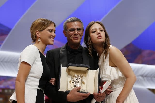 In an exceptional case, filmmaker Abdellatif Kechiche received the Palme d'Or in 2013 along with his film's lead actresses Léa Seydoux (left) and Adèle Exarchopoulos