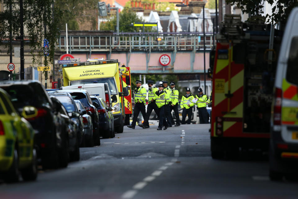 <p>Emergency services attend to the scene near Parsons Green Underground Station on Sept. 15, 2017 in London, England. (Photo: Jack Taylor/Getty Images) </p>