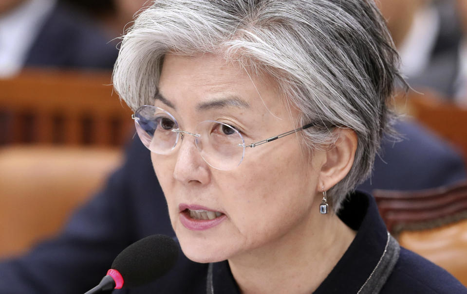 South Korean Foreign Minister Kang Kyung-wha answers a lawmaker's question at the National Assembly in Seoul, South Korea, Thursday, Nov. 8, 2018. Kang quoted U.S. officials as saying that it was North Korea that canceled a meeting this week between U.S. Secretary of State Mike Pompeo and a senior North Korean official on nuclear issues. (Kim Ju-hyung/Yonhap via AP)