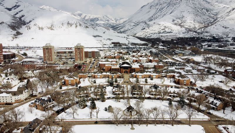 Old Fort Douglas buildings are surrounded by newer construction at the University of Utah in Salt Lake City on Tuesday, March 7, 2023.