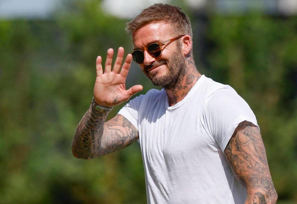 David Beckham, president and co-owner of Inter Miami CF, waves to the media gathered at DRV PNK Stadium, Fort Lauderdale, Florida, on Wednesday, July 12, 2023.