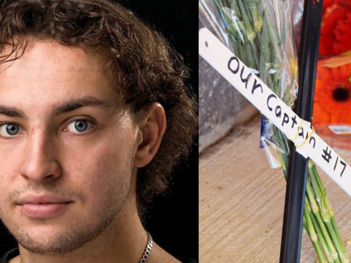 People wanting to honour Ayr Centennials captain Eli Palfreyman, left, the 20-year-old hockey player who died after collapsing Tuesday in the dressing room at a pre-season tournament, have been leaving flowers and hockey sticks, right, in front of the North Dumfries Community Complex in the southern Ontario community. (Greater Ontario Junior Hockey League/Kate Bueckert/CBC - image credit)