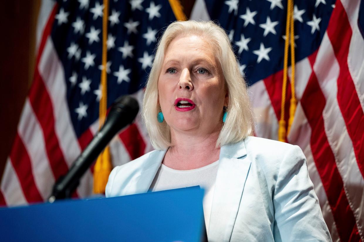 Senator Kirsten Gillibrand (D-N.Y.) on Capitol Hill speaking at press conference about the Freedom to Travel for Health Care Act which would specifically allow women to travel for abortion in Washington, D.C. on Tuesday, July 12, 2022.