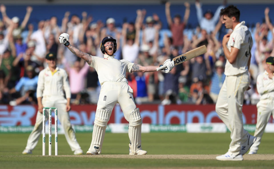 England's Ben Stokes celebrates victory on day four of the third Ashes cricket Test match against Australia at Headingley, Leeds, England, Sunday Aug. 25, 2019. (Mike Egerton/PA via AP)