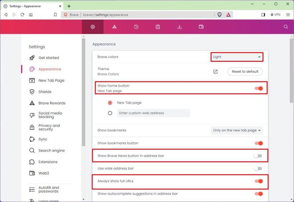 Brave appearance settings suggestions