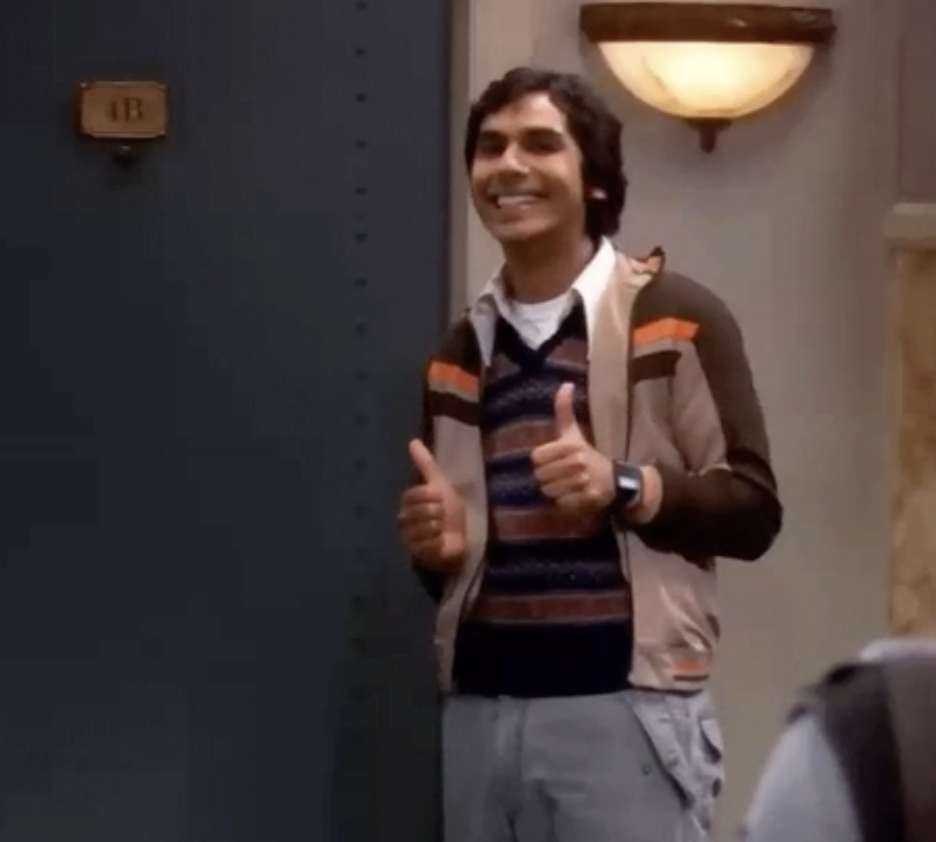 Nayyar on "The Big Bang Theory" giving a thumbs up