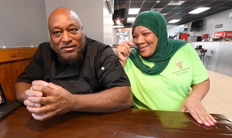 Kevin Byard, left, and Zakia Byard joke about running a business together and going home together after working at the Pecan Tree in York on October 18, 2023.