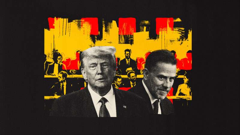 Donald Trump (in black and white) next to a separate picture of Hunter Biden (in black and white) in front of a jury (who are colored in yellow and black).