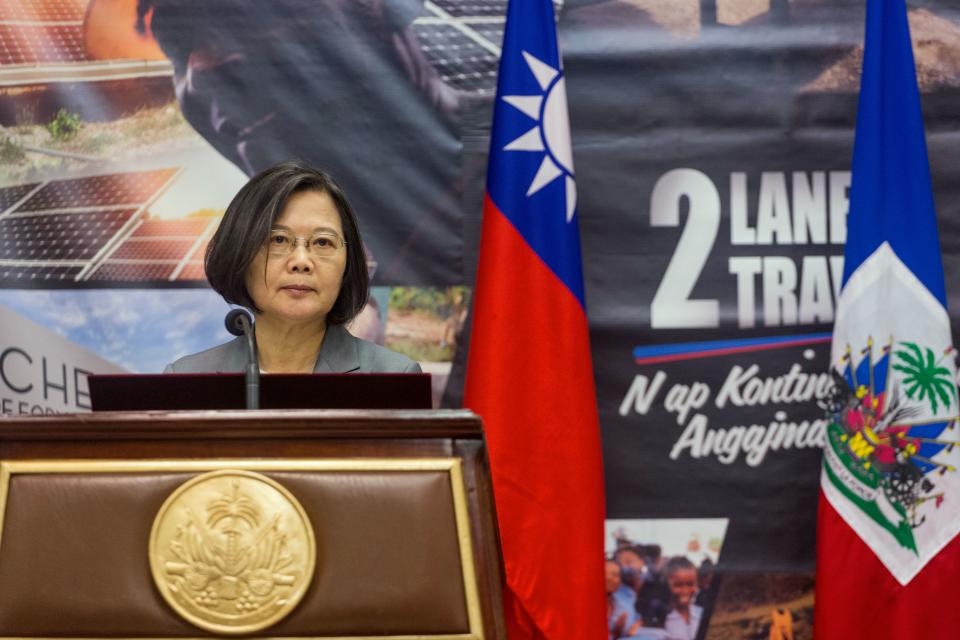 Taiwan's President Tsai Ing-Wen delivers a speech during the inauguration of the Taiwan Fair in Port-au-Prince on July 13, 2019. - Taiwan President Tsai Ing-wen's choice of Port-au-Prince as the first stop in her Caribbean tour is highly symbolic of the diplomatic power struggle being played out in the region. Last year, the neighboring Dominican Republic dropped Taipei and threw in its diplomatic lot with Beijing, leaving Haiti as one of only 17 countries still officially recognizing Taiwan as a country. (Photo by Pierre Michel JEAN / AFP)        (Photo credit should read PIERRE MICHEL JEAN/AFP/Getty Images)