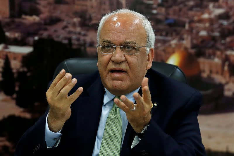 FILE PHOTO: Chief Palestinian Negotiator Saeb Erekat gestures as he speaks to the media in Ramallah, in the Israeli-occupied West Bank