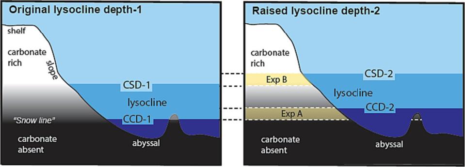 Conceptual diagram showing two seafloor areas A and B exposed by the rising lysocline.