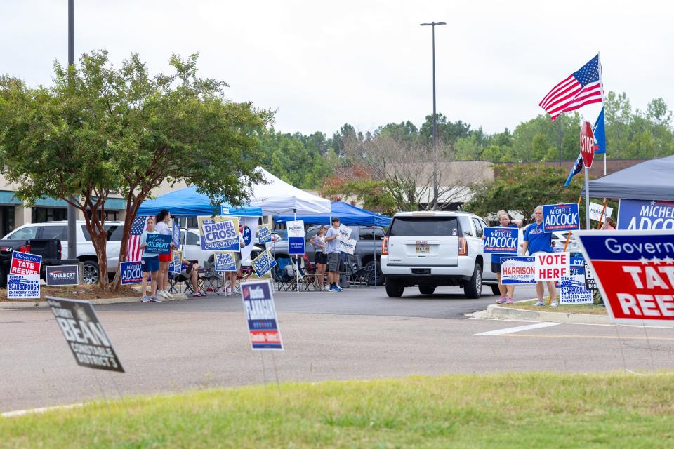 Citizens campaign and greet voters at Brandon City Hall during the primary election Tuesday, Aug. 8, 2023.