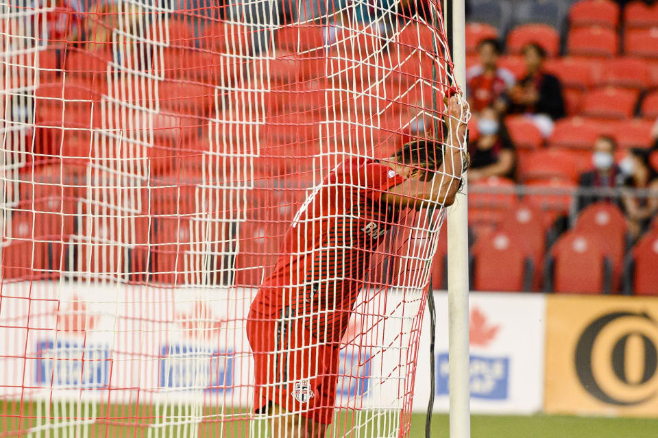 Toronto FC forward Tsubasa Endoh (31) reacts after missing a chance during first-half MLS soccer match action against Orlando City SC in Toronto, Saturday, July 17, 2021. (Chris Katsarov/The Canadian Press via AP)