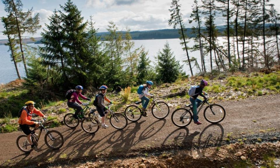 Family cycling at Kielder Water, Northumberland