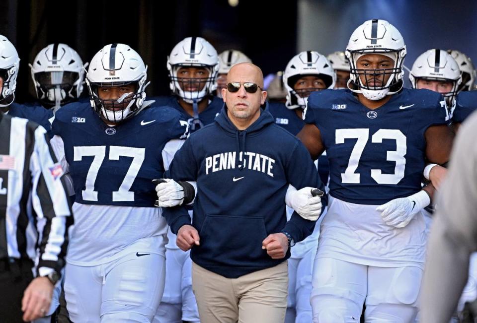 Penn State football coach James Franklin walks out with the team for the game against Rutgers on Saturday, Nov. 18, 2023.