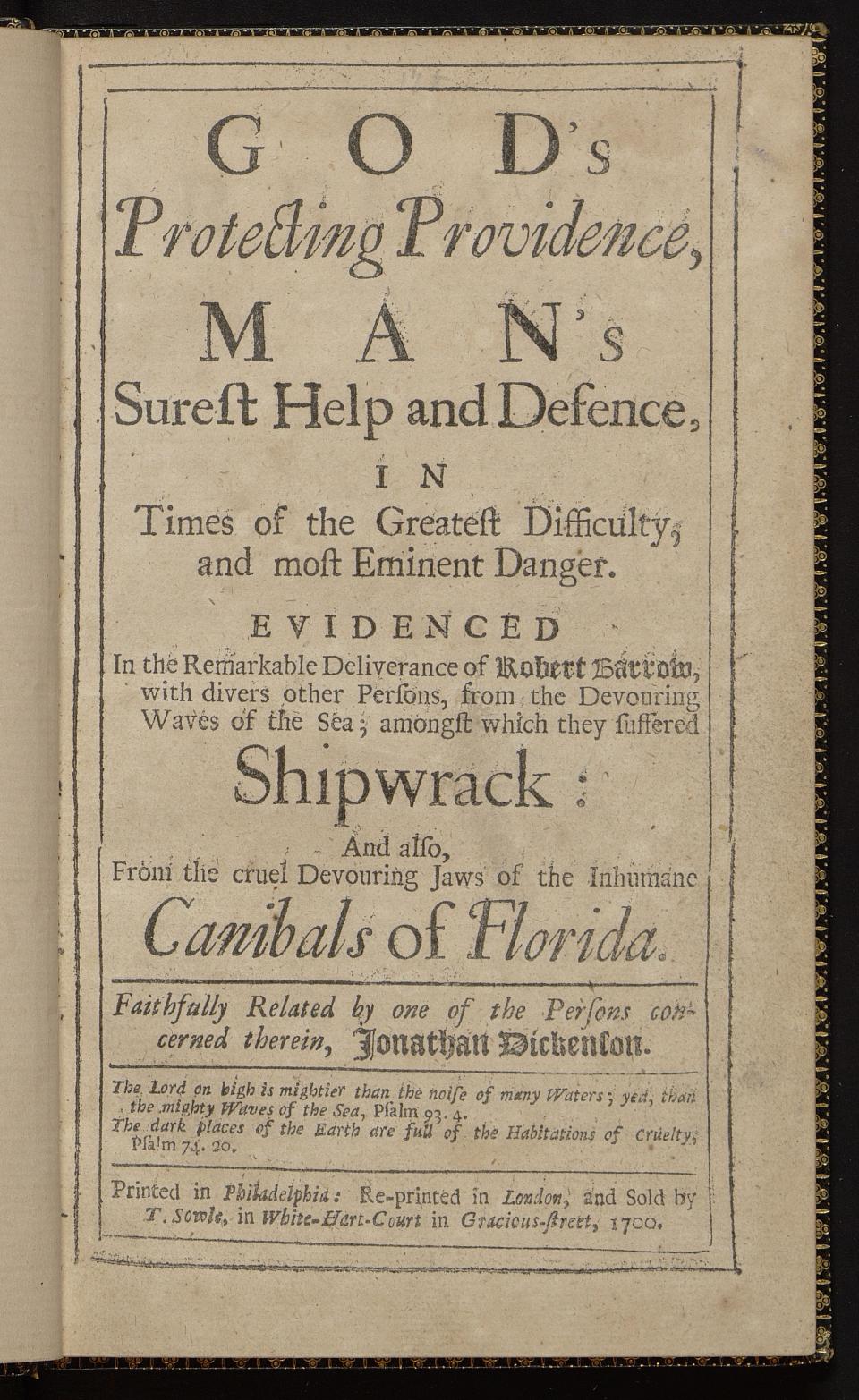 Title page of the 1700 edition of Jonathan Dickinson’s Journal.