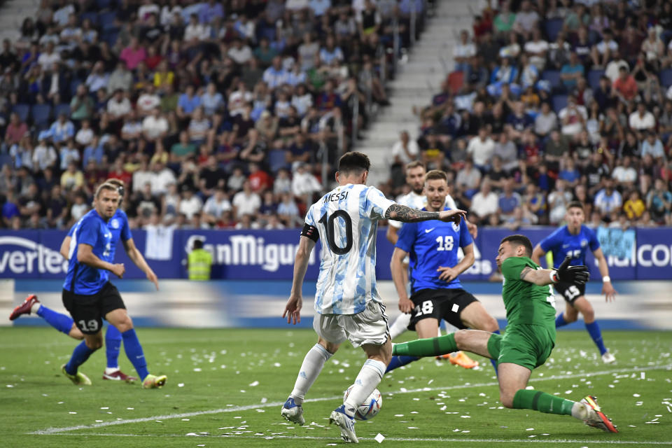 Argentina's Lionel Messi in action during a friendly match against Estonia at El Sadar stadium in Pamplona, northern Spain, Sunday, June 5, 2022. (AP Photo/Alvaro Barrientos)