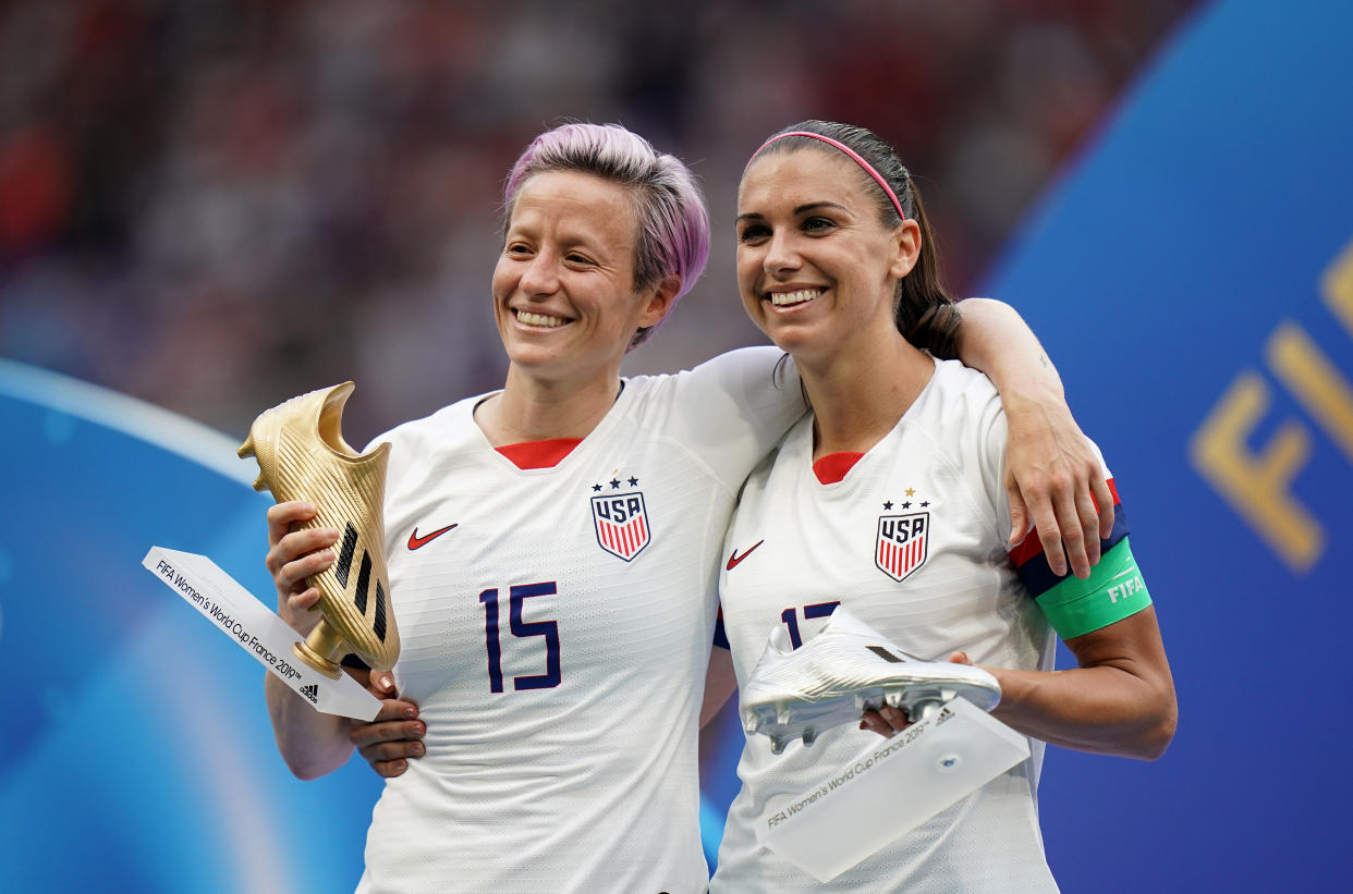 USA's Megan Rapinoe (left) and Alex Morgan with the adidas Golden Boot and adidas Silver Boot respectively after the game. USA v Netherlands - FIFA Women's World Cup 2019 - Final - Stade de Lyon 07-07-2019 . (Photo by  John Walton/PA Images via Getty Images)