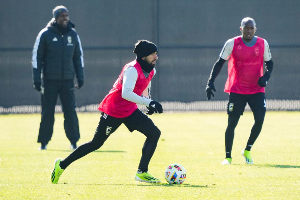 Crew forward Diego Rossi moves with the ball during preseason training.