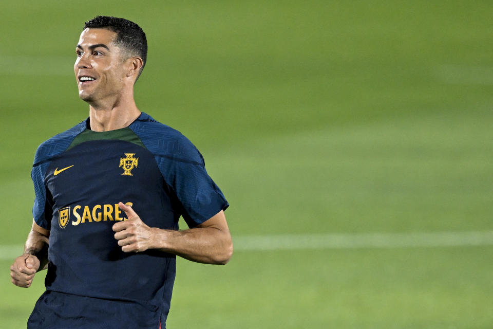 Portugal's forward Cristiano Ronaldo takes part with his teammates in a training session at Shahaniya Sports Club of Al Samriya Autograph Collection Hotel in Al Samriya, northwest of Doha on December 4, 2022 during the Qatar 2022 World Cup football tournament. (Photo by PATRICIA DE MELO MOREIRA / AFP) (Photo by PATRICIA DE MELO MOREIRA/AFP via Getty Images)