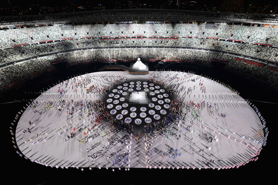 <p>TOKYO, JAPAN - JULY 23: A general view during the Opening Ceremony of the Tokyo 2020 Olympic Games at Olympic Stadium on July 23, 2021 in Tokyo, Japan. (Photo by Richard Heathcote/Getty Images)</p> 