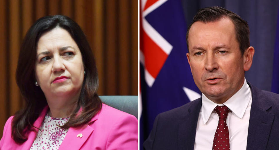 Annastacia Palaszczuk and Mark McGowan have both introduced border restrictions since the outbreak surged on Thursday. Source: Getty