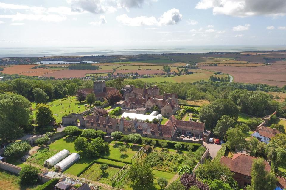 An overhead shot of Lympne Castle, with views of the English Channel.