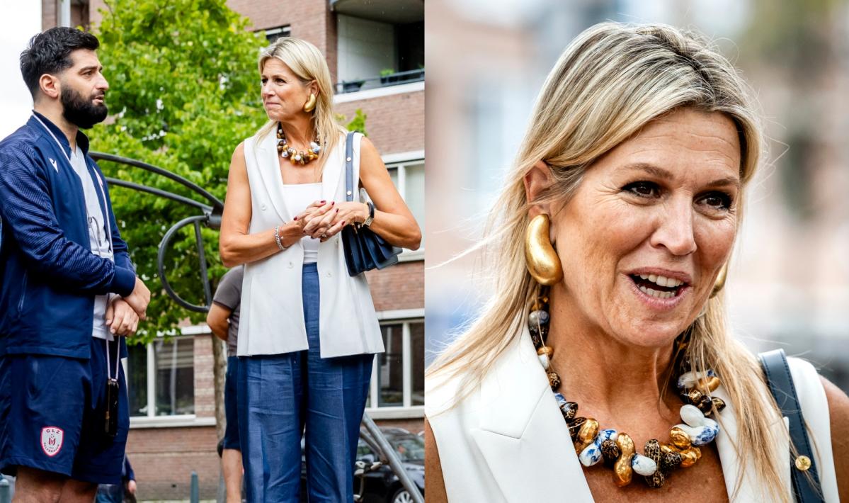 Koningin Máxima der Nederland schittert in een door Zara ontworpen jurk, een broek van Nathan en ‘Peanut’-sieraden tijdens haar laatste koninklijke verloving