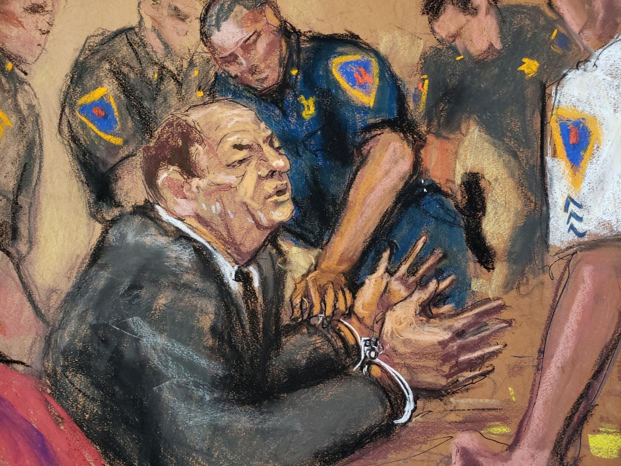 Film producer Harvey Weinstein is handcuffed after his guilty verdict in this courtroom sketch: REUTERS