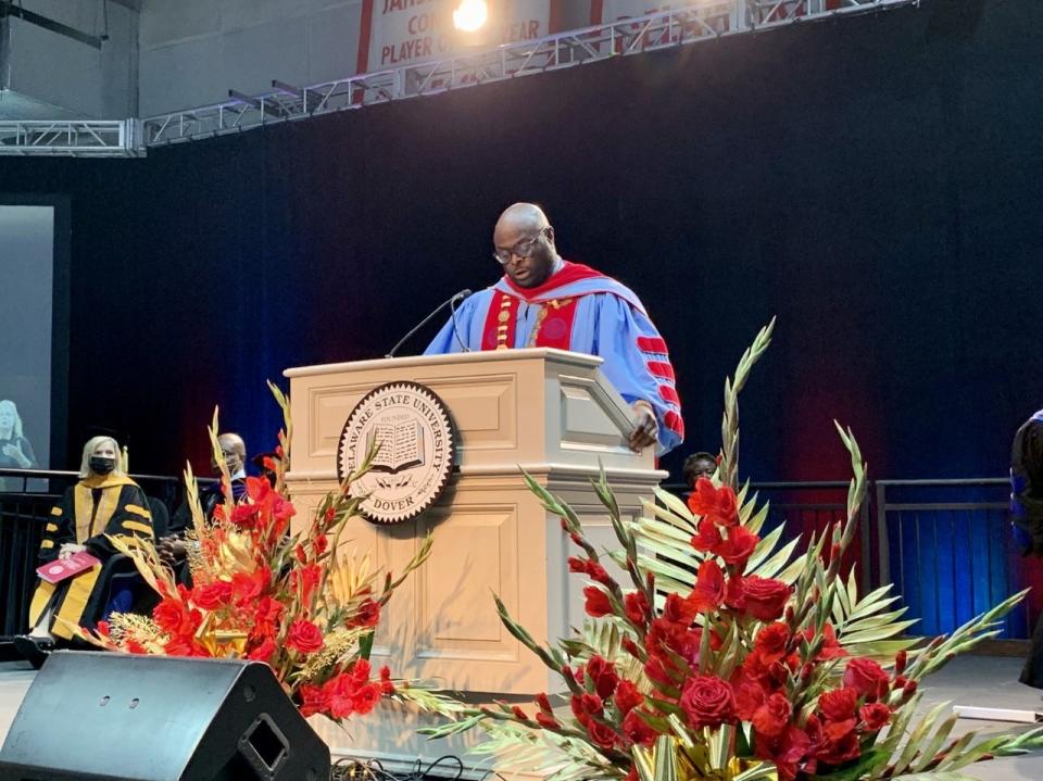 Delaware State University President Tony Allen spoke at the university's graduate commencement ceremony on May 12, 2022.