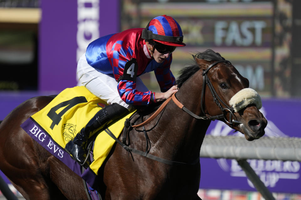 Tom Marquand rides Big Evs to win the Breeders' Cup Juvenile Turf Sprint horse race Friday, Nov. 3, 2023 at Santa Anita Park in Arcadia, Calif. (AP Photo/Ashley Landis)