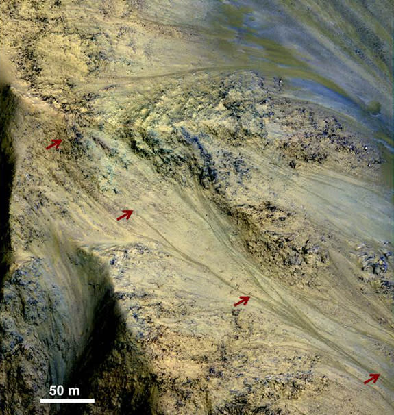 Features called recurrent slope lineae (RSL) have been spotted on some Martian slopes in warmer months. Some scientists think RSL could be seasonal flows of salty water. Red arrows point out one 0.75-mile-long (1.2 kilometers) RSL in this image