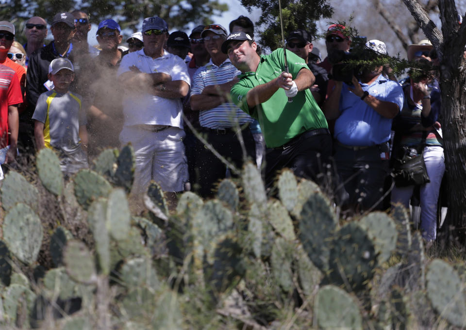 Steven Bowditch, of Australia, hits out of the rough behind cactus in the second hole during the final round of the Texas Open golf tournament on Sunday, March 30, 2014, in San Antonio. (AP Photo/Eric Gay)