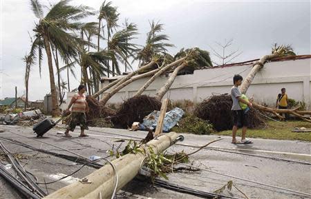 Survivors walks past uprooted palm trees after super Typhoon Haiyan battered Tacloban city, central Philippines November 9, 2013. REUTERS/Romeo Ranoco