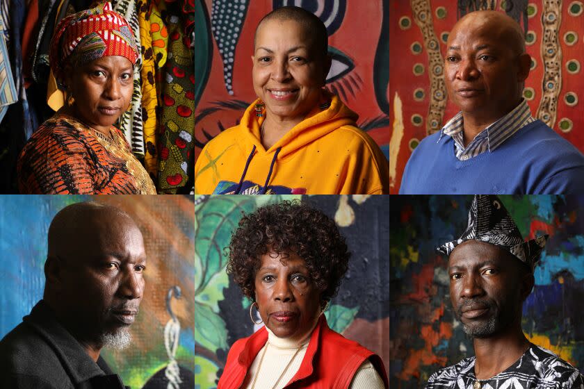 LOS ANGELES, CA - FEBRUARY 12: (Clockwise from top left) Aicha Kone, Sylvia "Baby" Cohen, Marvin "Moa" Obasogie Aimiuwu, Porter Ajayi, Fran Washington and John Onobrakpeya, (Carolyn Cole / Los Angeles Times)