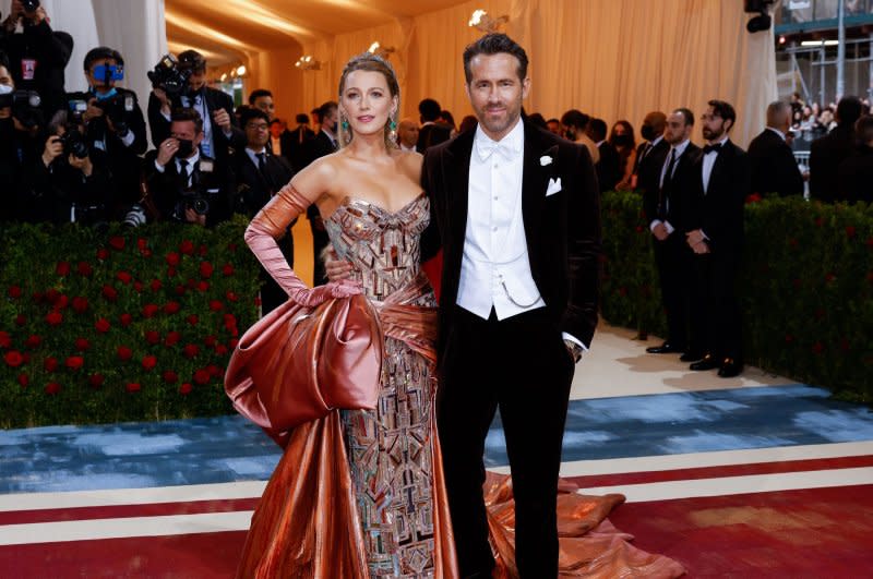 Blake Lively (L) and Ryan Reynolds attend the Costume Institute Benefit at the Metropolitan Museum of Art in 2022. File Photo by John Angelillo/UPI