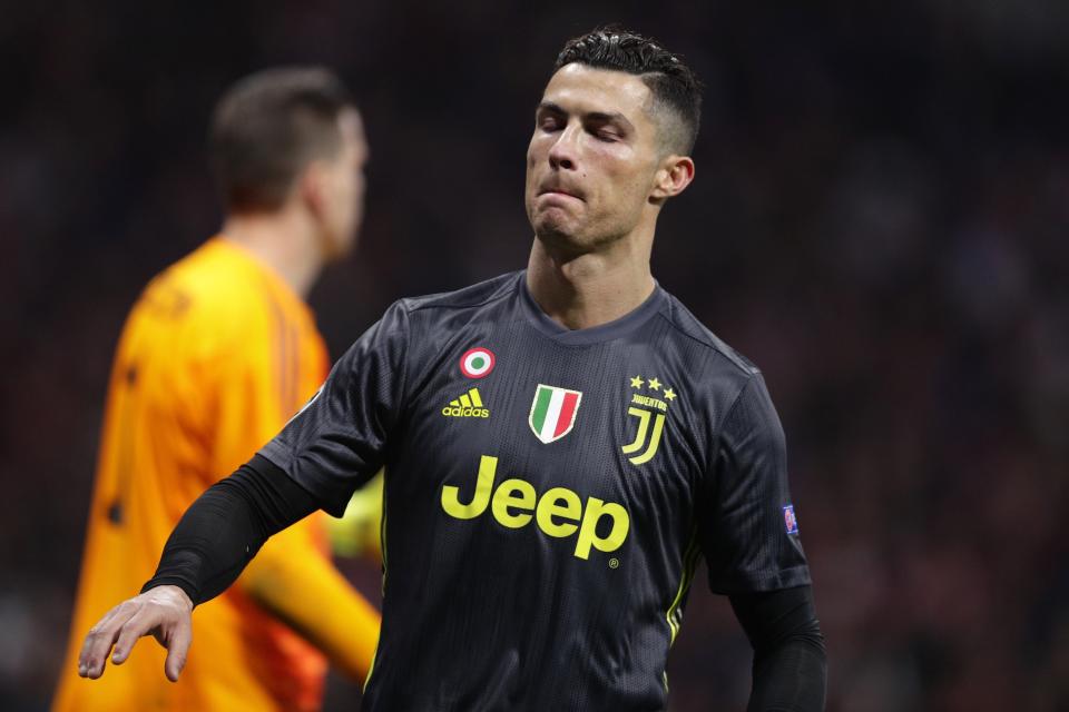 Cristiano Ronaldo de Juventus durante el partido ante el Atlético de Madrid por los octavos de final de la Liga de Campeones, el miércoles 20 de febrero de 2019. (AP Foto/Manu Fernández)